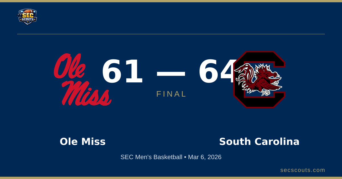 SEC Men's Basketball: South Carolina Gamecocks Defeats Ole Miss Rebels 64-61