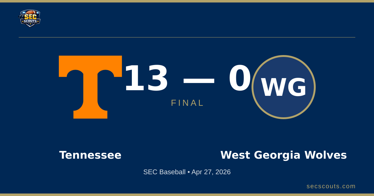 SEC Baseball: Tennessee Volunteers Defeats West Georgia Wolves 13-0