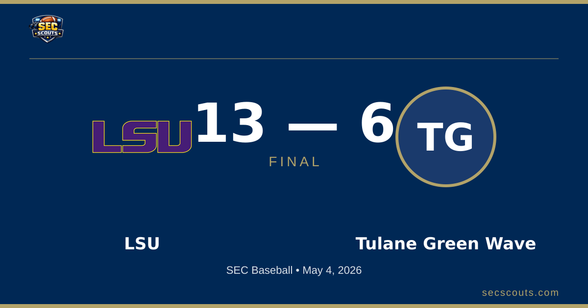 SEC Baseball: LSU Tigers Defeats Tulane Green Wave 13-6