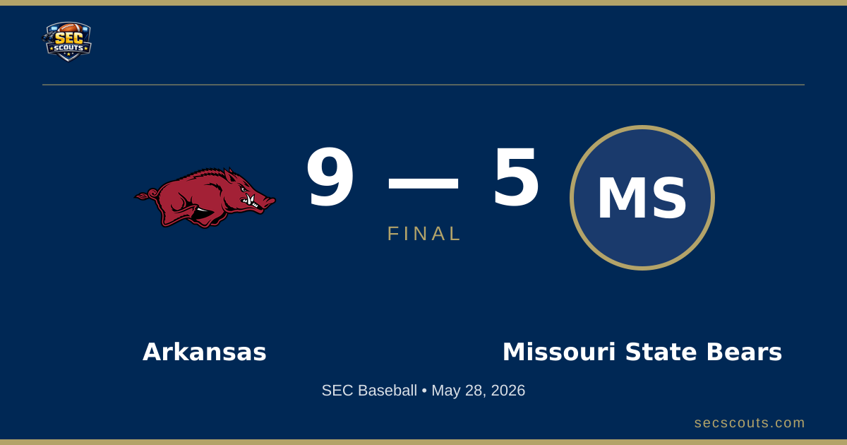 SEC Baseball: Arkansas Razorbacks Defeats Missouri State Bears 9-5