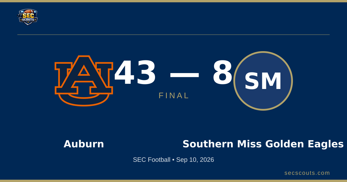 SEC Football: Auburn Tigers Dominates Southern Miss Golden Eagles 43-8