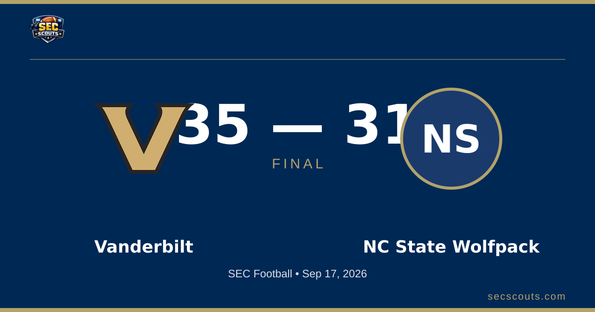 SEC Football: Vanderbilt Commodores Defeats NC State Wolfpack 35-31