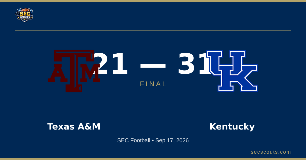 SEC Football: Kentucky Wildcats Defeats Texas A&M Aggies 31-21