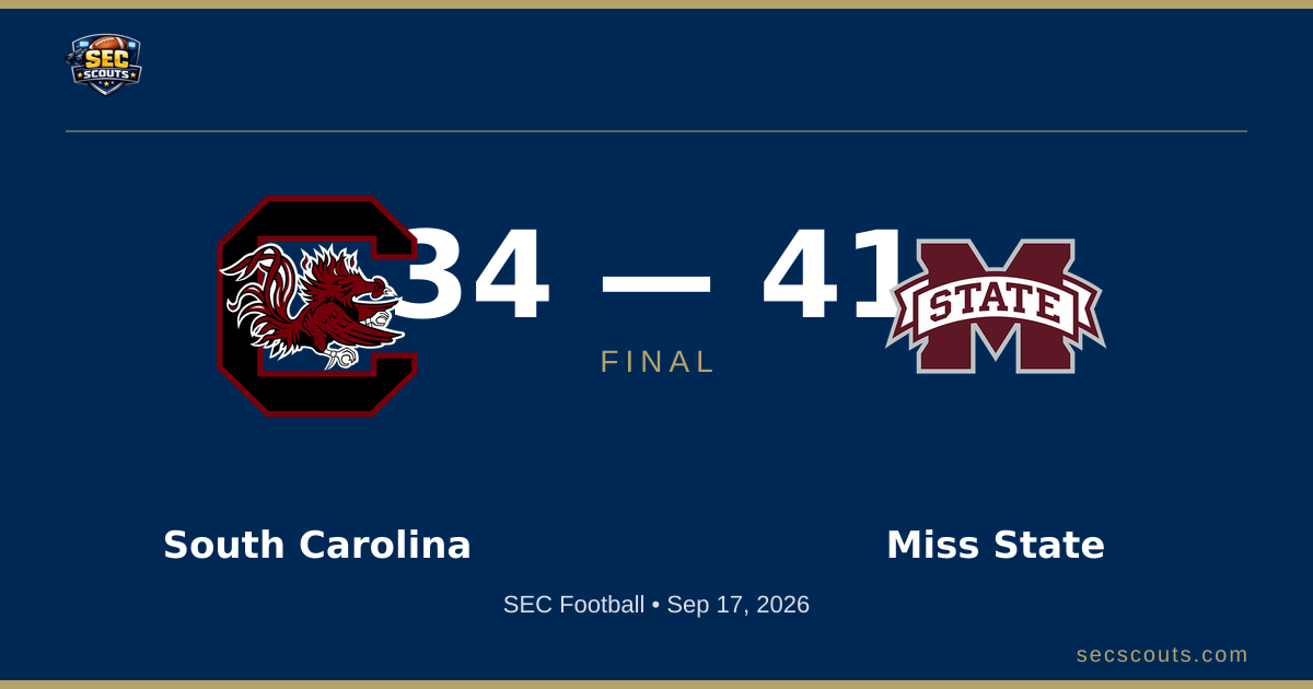 SEC Football: Mississippi State Bulldogs Defeats South Carolina Gamecocks 41-34