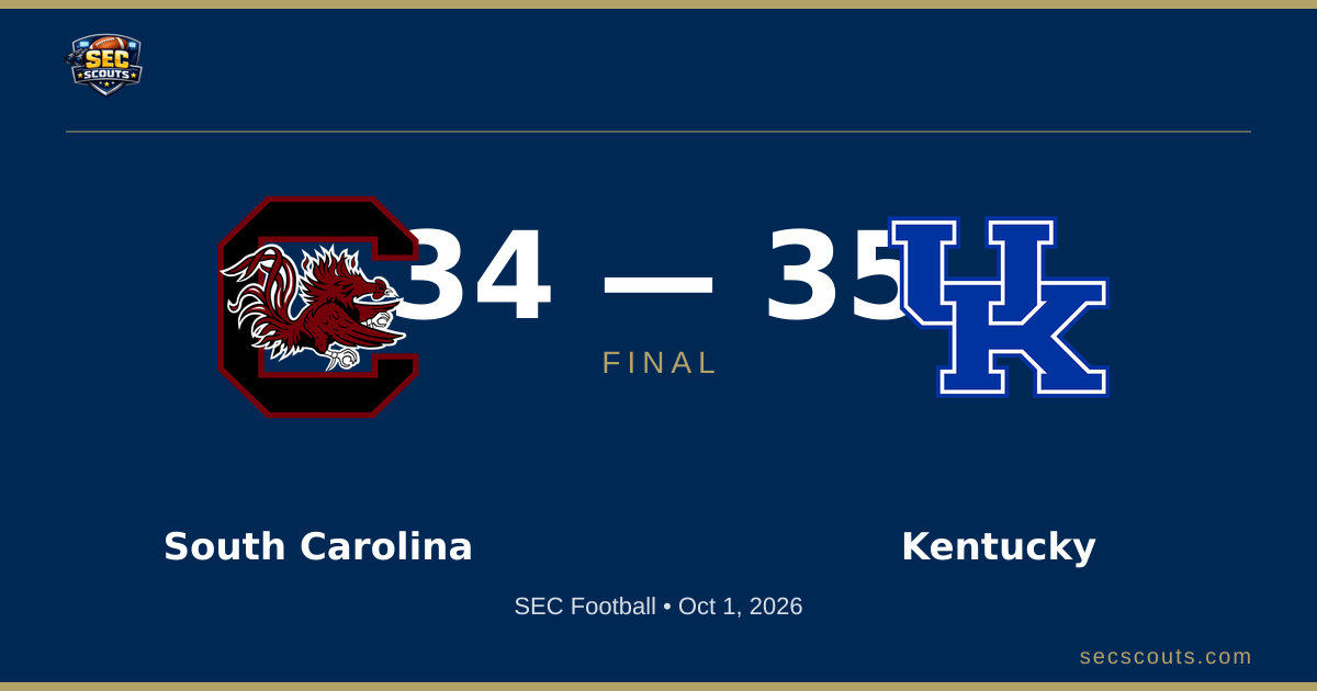 SEC Football: Kentucky Wildcats Defeats South Carolina Gamecocks 35-34