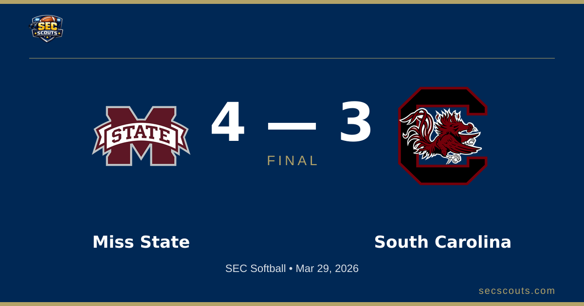SEC Softball: Mississippi State Bulldogs Defeats South Carolina Gamecocks 4-3