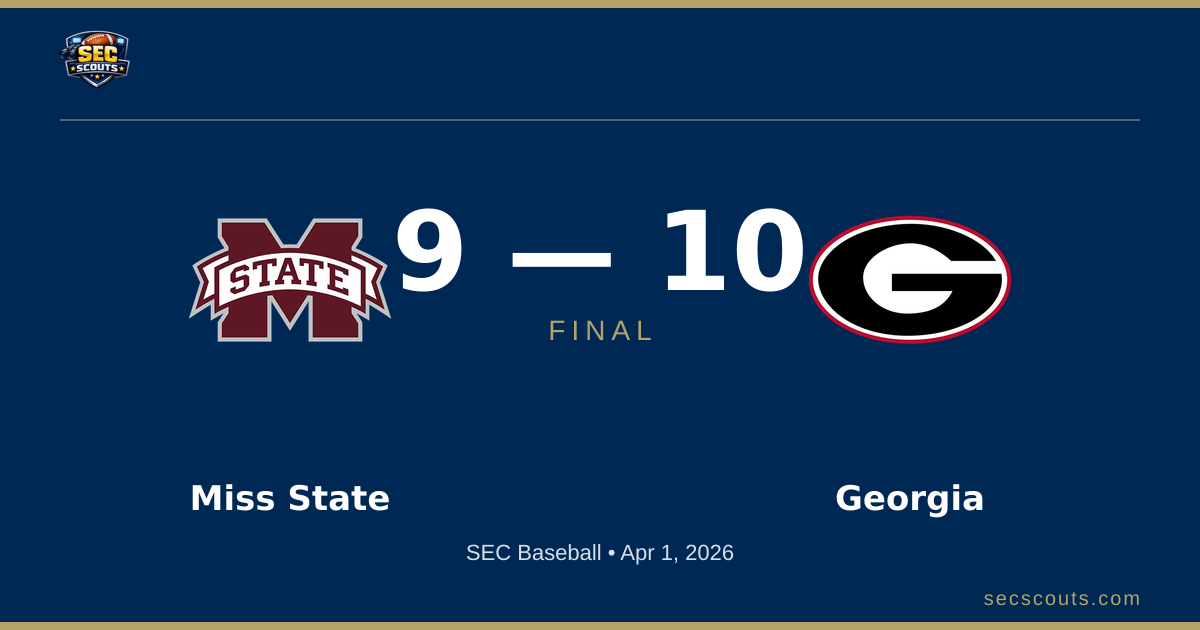 SEC Baseball: Georgia Bulldogs Defeats Mississippi State Bulldogs 10-9