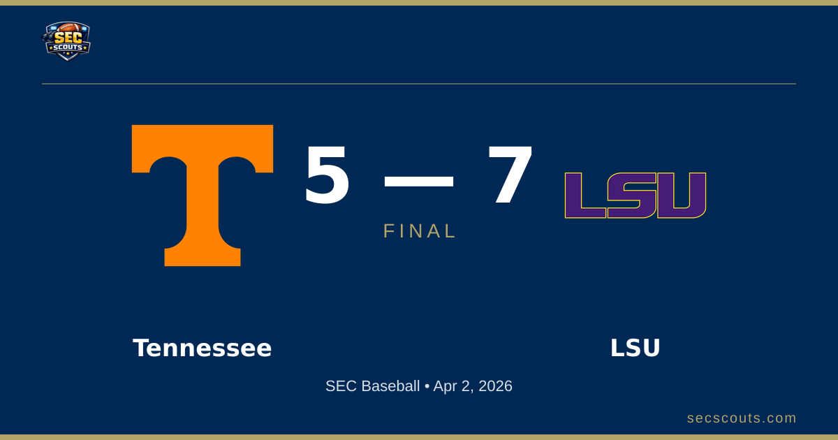 SEC Baseball: LSU Tigers Defeats Tennessee Volunteers 7-5