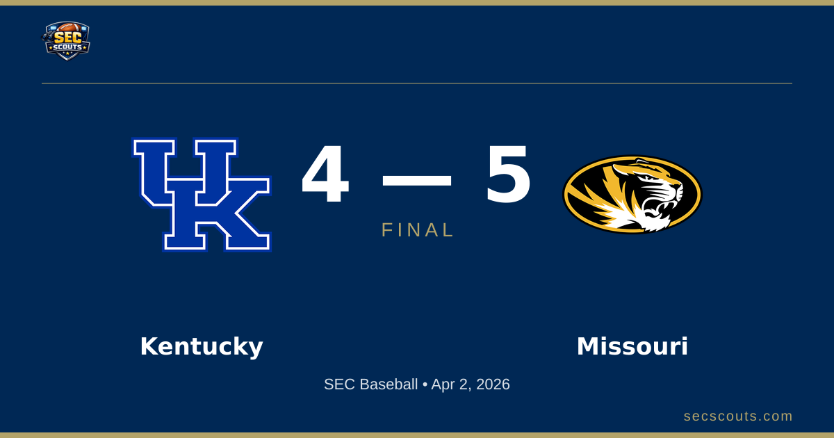 SEC Baseball: Missouri Tigers Defeats Kentucky Wildcats 5-4