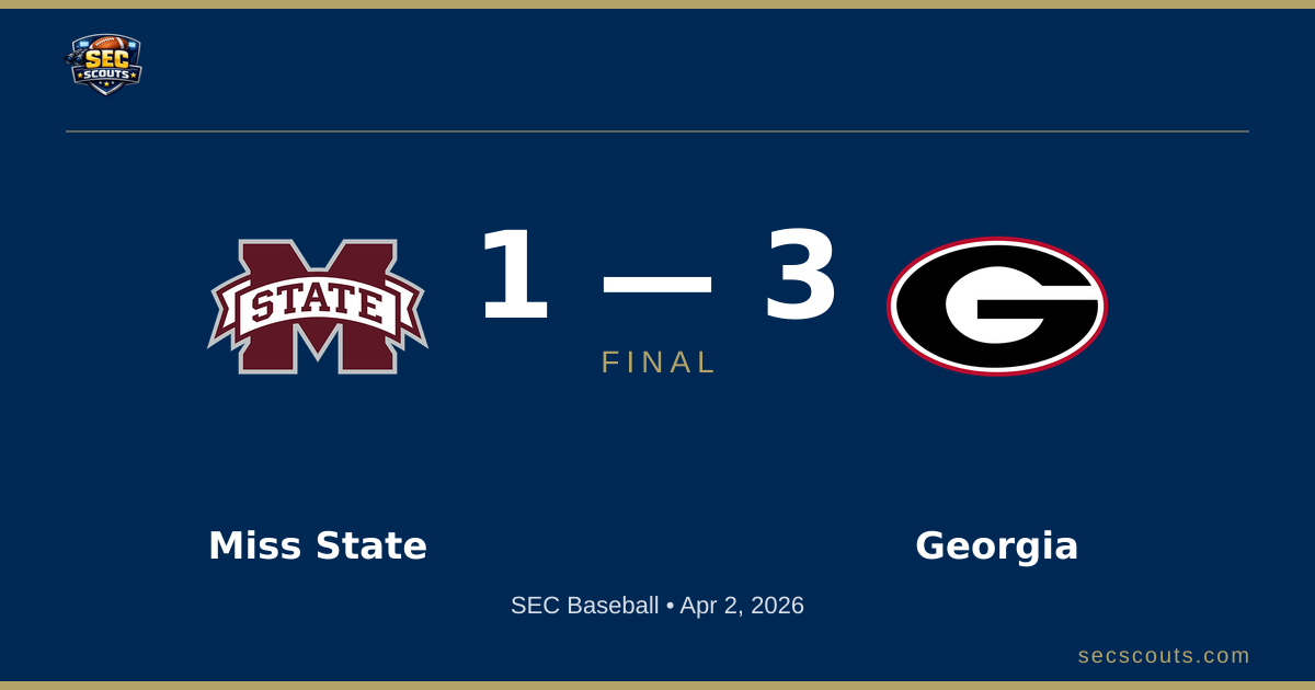 SEC Baseball: Georgia Bulldogs Defeats Mississippi State Bulldogs 3-1