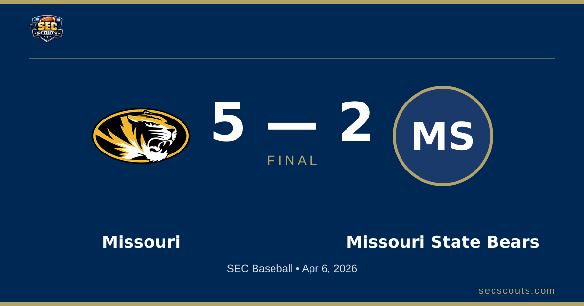 SEC Baseball: Missouri Tigers Defeats Missouri State Bears 5-2