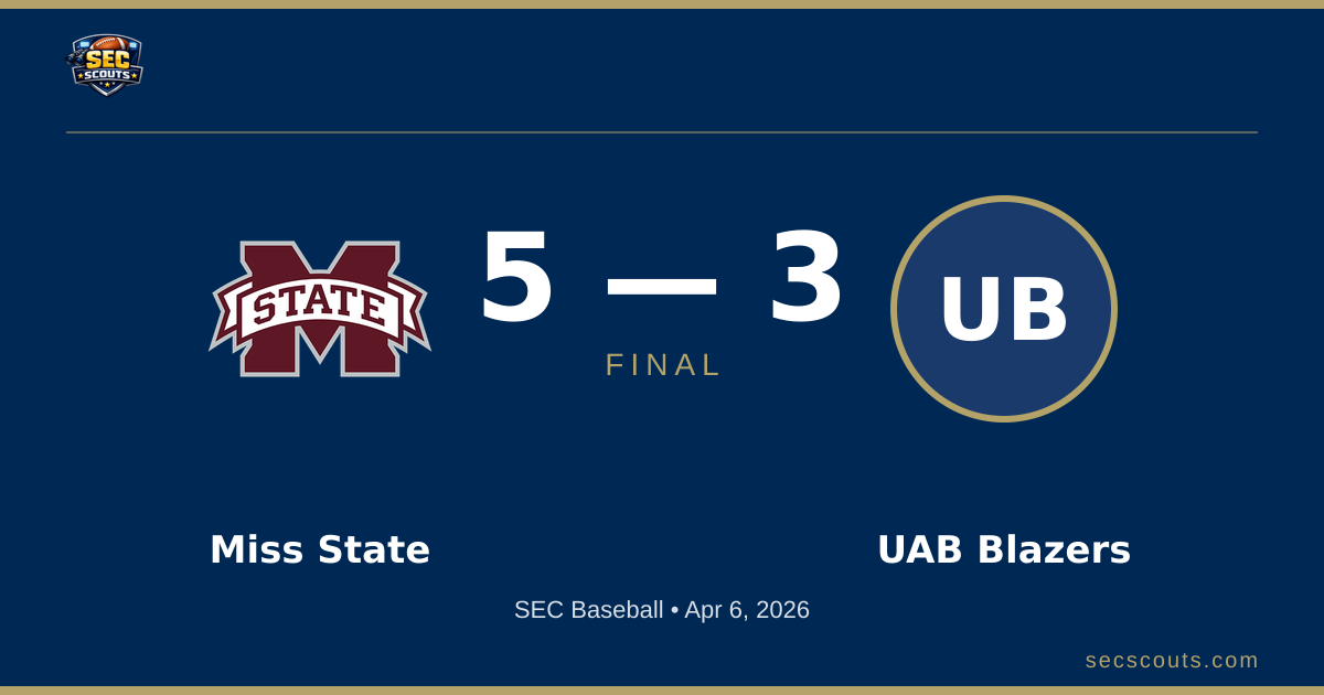 SEC Baseball: Mississippi State Bulldogs Defeats UAB Blazers 5-3