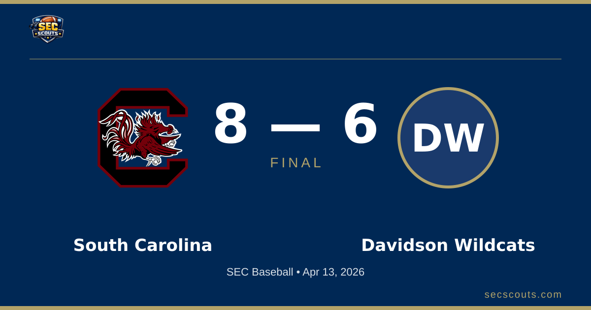 SEC Baseball: South Carolina Gamecocks Defeats Davidson Wildcats 8-6