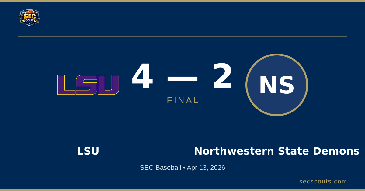 SEC Baseball: LSU Tigers Defeats Northwestern State Demons 4-2