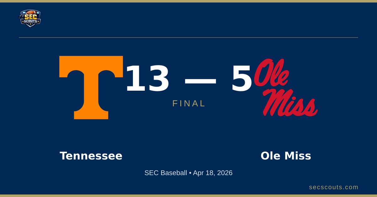 SEC Baseball: Tennessee Volunteers Defeats Ole Miss Rebels 13-5